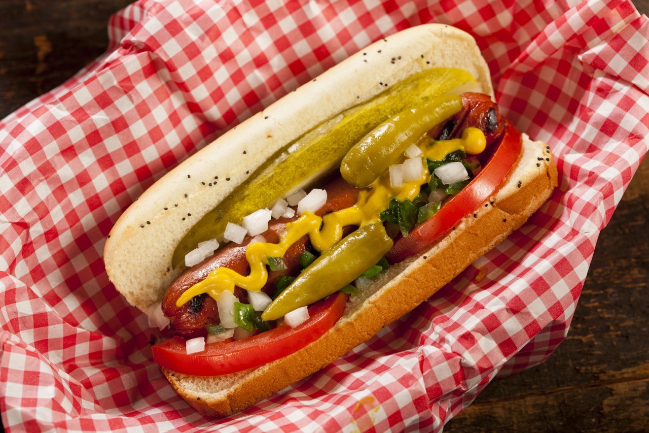 Chicago Style Hot Dog with Mustard, Pickle, Tomato, Relish and Onion